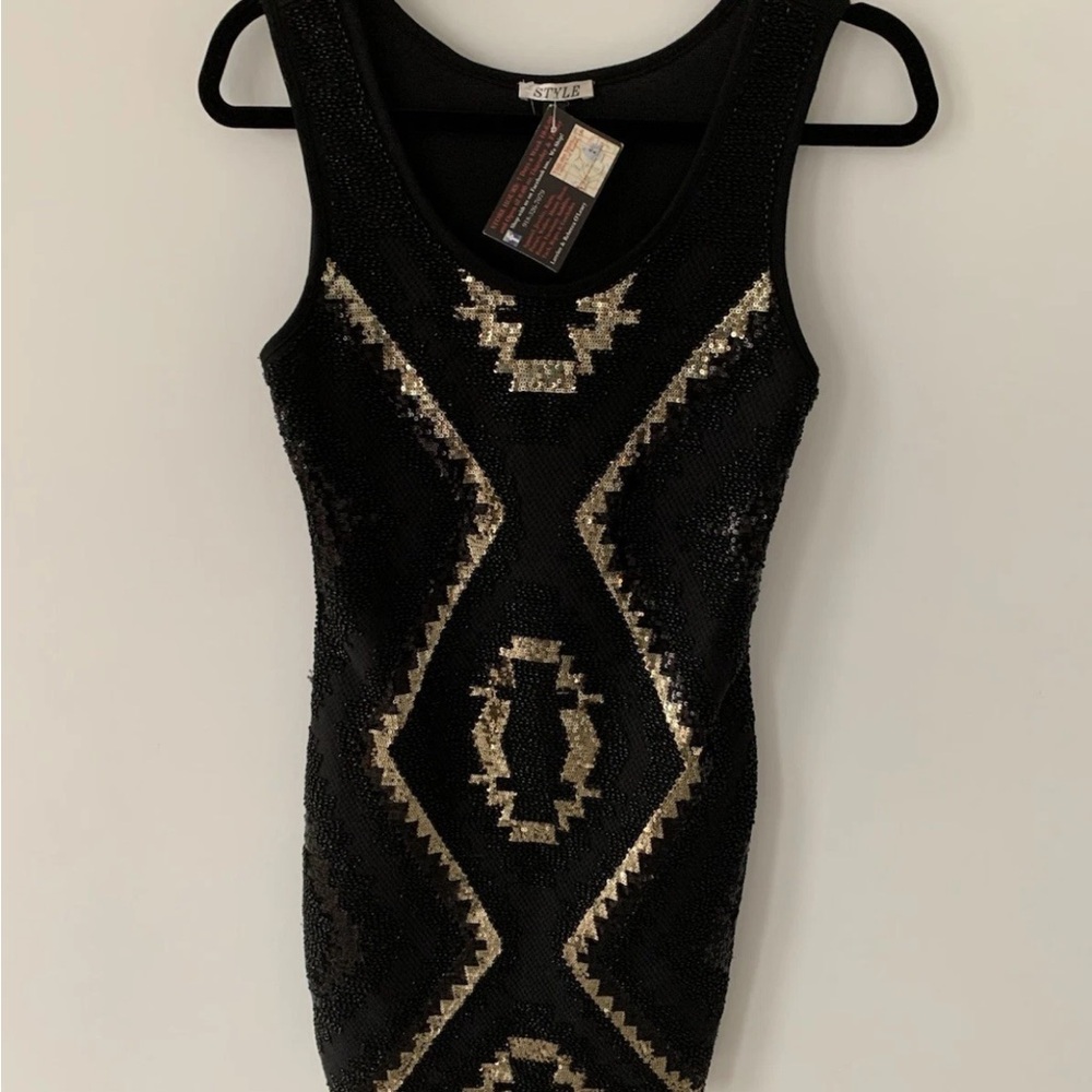 Vintage The Hitchin Post Black and Gold Sequin Bodycon mini Dress S NWT